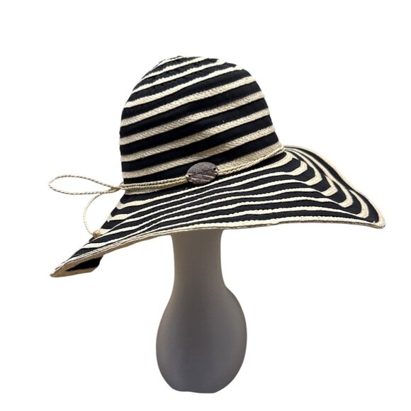 Women's Panama Jack Black & Beige Striped Wide Brim Sun Hat Coconut Shell - Picture 2 of 8
